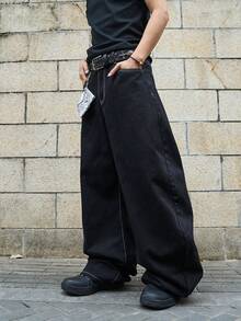 Manfinity EMRG Men's Casual Fashion Street Daily Commute Funny Print Contrast Stitch Loose Bootcut Jeans - Black - View 7