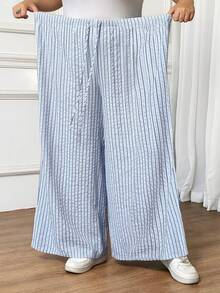SHEIN CURVE+ 大码女式长款梭织面料条纹蓝色长裤，休闲版型，蓝色条纹裤，女士秋季服装 - 藍白色 - 查看 7