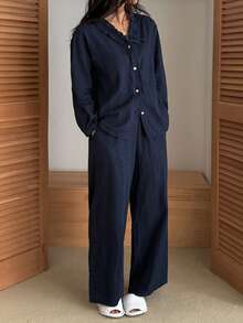 DAZY Conjunto de pijama de mujer con cuello de volantes fruncidos de tela con textura de lunares - Azul - Ver 5