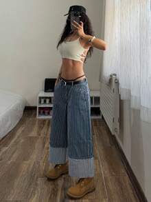 StreetHx Women's Fashion Casual Low Waist Striped Wide Leg Cropped Jeans - Dark Wash - View 5
