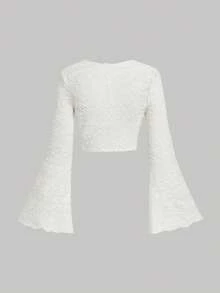 SHEIN MOD 女士撞色滚边打结休闲度假长袖上衣 - 米色 - 查看 5