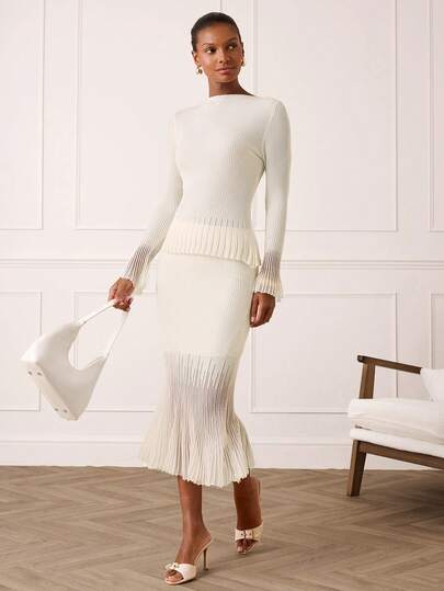 Lilora 女士优雅荷叶袖修身毛衣和鱼尾毛衣半裙套装，秋季