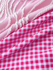 2件套少女比基尼套装，夏季海滩度假格子蝴蝶结泳衣套装+纯色纹理泳衣套装 - 彩色 - 查看 8