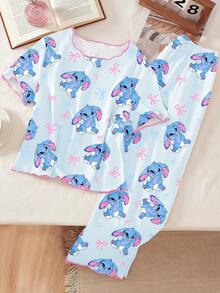 SHEIN Genkimix Kids Tween Girls 2pcs Pajama Set, Cute Rabbit & Bow Print, Contrast Color Wavy Trim, Short Sleeve Top And Long Pants, Casual Sleepwear - Blue - View 7