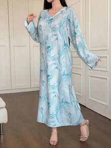 DAZY Women's Elegant Floral V-Neck Straight Dress With Veil, 2 Pieces Set, Spring/Summer - Blue - View 5