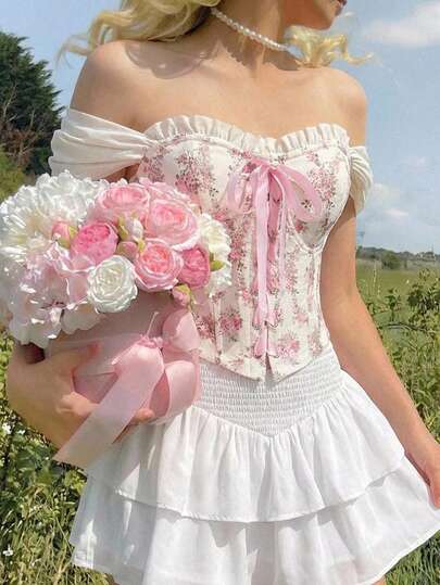 SHEIN MOD Vintage Floral Print Dreamy Romantic Charm Waist-Defining Shirt With Ruffles, Bow Decoration, And Cross Ties – Perfect For Date, Party, Festival, Afternoon Tea, And Birthday Party Milkmaid Top Bow Details Top Floral Top Feminine Top, Valentine's Day