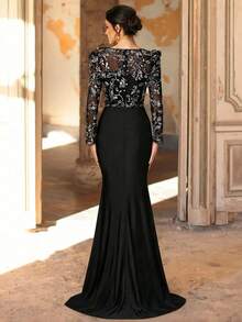 Aureia Váy voan tay lỡ thêu hoa đuôi cá đính cườm và sequin sang trọng, thanh lịch, thích hợp cho đám cưới, tiệc tùng, ngày lễ, tiệc chia tay độc thân, dạ hội - màu đen - Xem 3