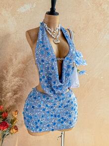 Soleia 两件套亮片流苏吊带上衣和迷你裙套装，适合音乐节、派对、中国红、年会、圣诞节、万圣节等场合。 - 藍色 - 查看 6