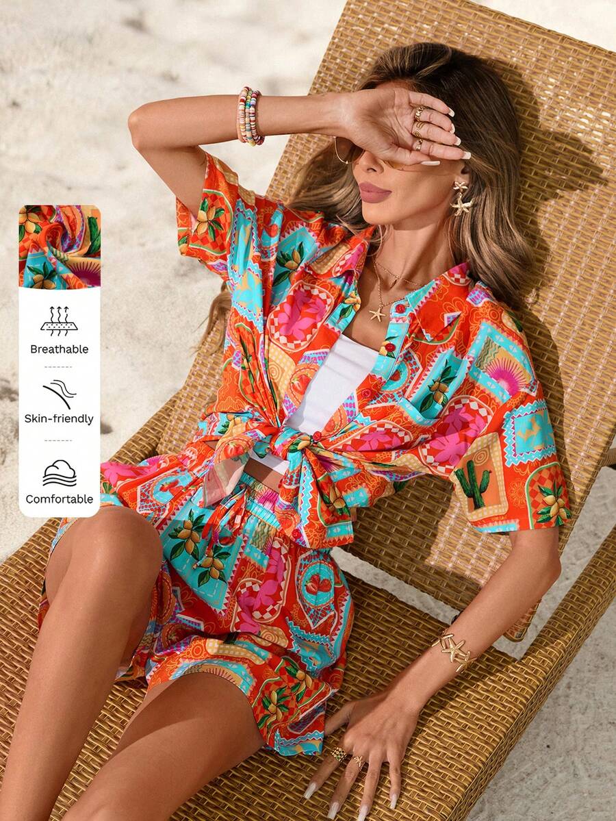 Sylviya Women's Casual Fruit & Floral Print Shirt Set,Orange Red Summer Boho Vacation Holiday Beach Outfits Tropical Outfits For Women - Multicolor - View 1
