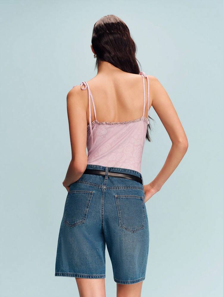 Vintage Floral Knit Bodysuit In Dusty Pink With Tie Straps And Lace Details Spring Summer Chic Casual French Style Outfit