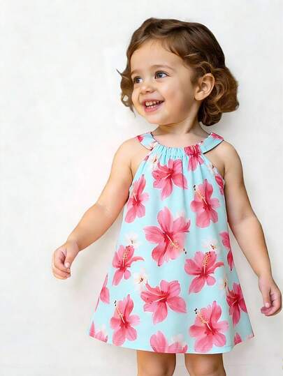 SHEIN Playful Pals 女婴热带印花彩色休闲吊带连衣裙