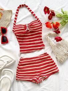 Soleia Women's Striped Print Halter Top And Shorts Casual 2 Pieces Set - Multicolor - View 4