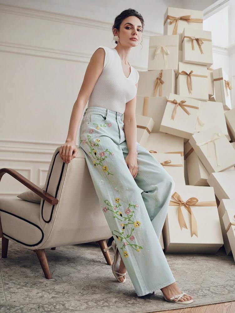 Colorful Embroidered Casual Pants With Belt Loops, Straight Leg, Floral Design Jeans With Designs Flower Jeans Summer Jeans Easter Floral Jeans