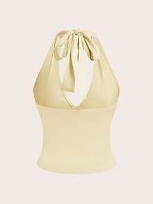 SHEIN EZwear Summer Casual Solid Color V-Neck Backless Halter Top,Summer Top - Light Yellow - View 2
