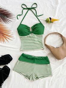 Soleia 两件套条纹针织纹理无袖上衣配金属扣细肩带短裤，休闲度假、派对、约会、夜店、波西米亚风、复古风、假日女装 - 綠色 - 查看 7