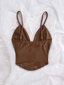 Soleia Women's Chic Coffee Brown Spaghetti Strap V-Neck Camisole, Crisscross Backless Knit Top,Vintage Boho Summer Vacation Night Holiday Clothes - Brown - View 2