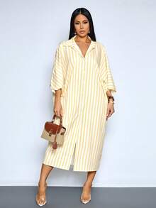 SOLERSUN Women's Summer Simple & Elegant Beach Vacation Yellow Striped Print Batwing Sleeve Long Dress With Twist Waist And Hollow Out Design Casual Vacation Outfits For Summer,Beach-Ready Outfits Travel, Daily Wear, Party,Holiday - Yellow - View 5
