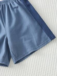 Cozy Pixies 2 pièces/set Top à manches courtes col rond tricoté et short taille élastique pour jeune garçon, en couleurs contrastées - Bleu azur - Voir 7