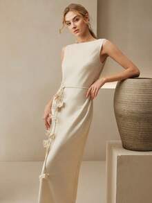 Anewsta 女士优雅圆领无袖连衣裙，配可拆卸腰间花朵腰带，缎面质感 - 米色 - 查看 7