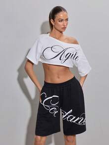 SHEIN ICON Women's Casual Sexy Holiday Fashion Street Letter Print Asymmetrical Neck Cropped Top, Summer - White - View 5