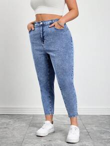 SHEIN CURVE+ 大尺碼女款淺藍色夏季休閒寬鬆版型鬆緊腰高彈力牛仔褲 百搭時尚 Y2K 街頭風 曲線顯瘦 8XL 外出穿搭 - 藍色 - 查看 5