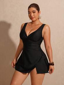 Elaquor Plus Size Women Solid Color Side Slit Hem Swimwear Skirt With Swim Shorts Spring/Summer Casual Vacation Swimwear Sets For Women - Black - View 6