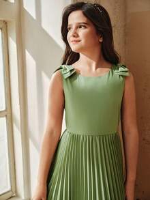 Anewsta Sweet Cute Round Neck Bow Pleated Hem Girls Dress, Spring/Summer - Green - View 6