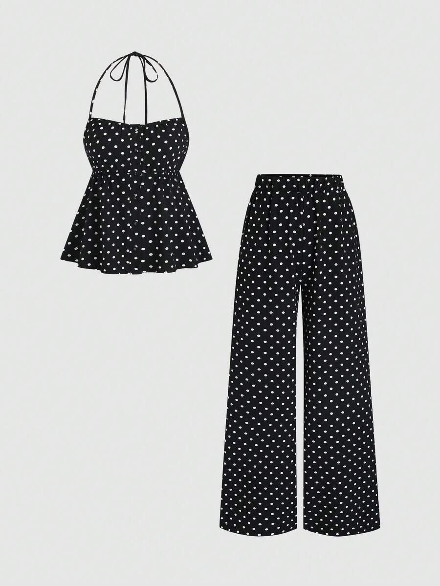 Sweetra Women's New Fashionable Versatile Bubble Polka Dot Crinkle Fabric 2 Pieces Set, Camisole Top + Long Pants - Black - View 1
