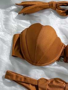 Swim Mod Đồ bơi hai mảnh gợi cảm màu trơn, họa tiết cánh hoa, cúp ngực cứng, dây đeo có thể tháo rời. - màu nâu - Xem 6