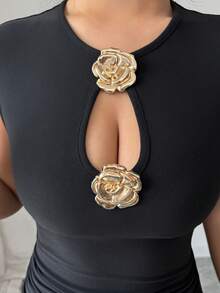 Rafferiza 黑色镂空玫瑰金属扣褶皱双层荷叶边下摆无袖短款连衣裙（女款） - 黑色 - 查看 7