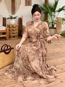 DAZY 女士夏季休闲度假风印花交叉领裹身系腰连衣裙 - 淺綠色 - 查看 3