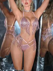 MidnightGlam 2pcs Women's Sequin Tassel Sexy Lingerie Set - Pink - View 8