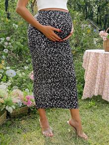 SHEIN Maternity Fitted Floral Print Skirt, Elegant Business Casual Fashionable For Summer - Black - View 5