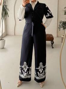 Dazy Plus Plus Size Women V-Neck Patterned Print Lace-Up Long Jumpsuit, Suitable For Commuting, Spring/Summer Romper - Navy Blue - View 4