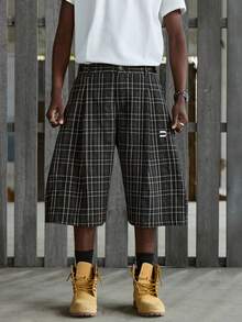 NEON BLANC Men's Button Waist Plaid Wide Leg Knee Length Shorts - Black - View 3