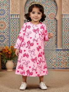 SHEIN Girls' Spring/Autumn V-Neck Long Sleeve Butterfly Print Long Dress, Fashionable And Stylish Casual Outerwear - Pink - View 6