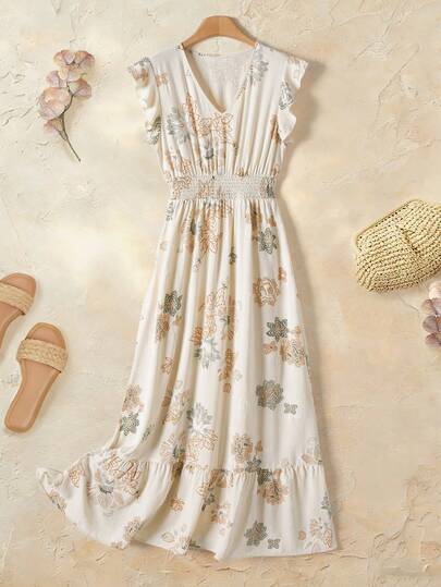 Rusticease Women's Casual V-Neck Vacation Dress With All-Over Print, Flared Sleeves, Ruched Waist, Ruffle Hem, Summer