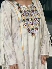 Al Najma 女士优雅度假风刺绣扎染印花喇叭袖宽松连衣裙，春秋季 - 卡其色 - 查看 6