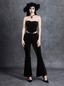 Glisette Women's Velvet Bandeau Top With Lace Trim + Flare Leg Pants 2 Pieces Set - Black - View 1