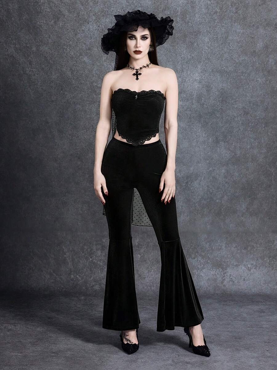 Glisette Women's Velvet Bandeau Top With Lace Trim + Flare Leg Pants 2 Pieces Set - Black - View 1