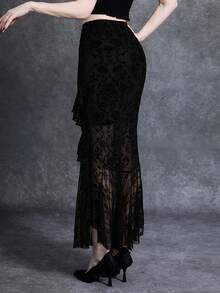 Glisette Women's Black Flocked Lace Trim Asymmetric Hem Goth Skirt Set,Elegant Gothic Two Piece Dress For Party,Autumn Bohemian Vacation,Western Goth Clothes - Black - View 2
