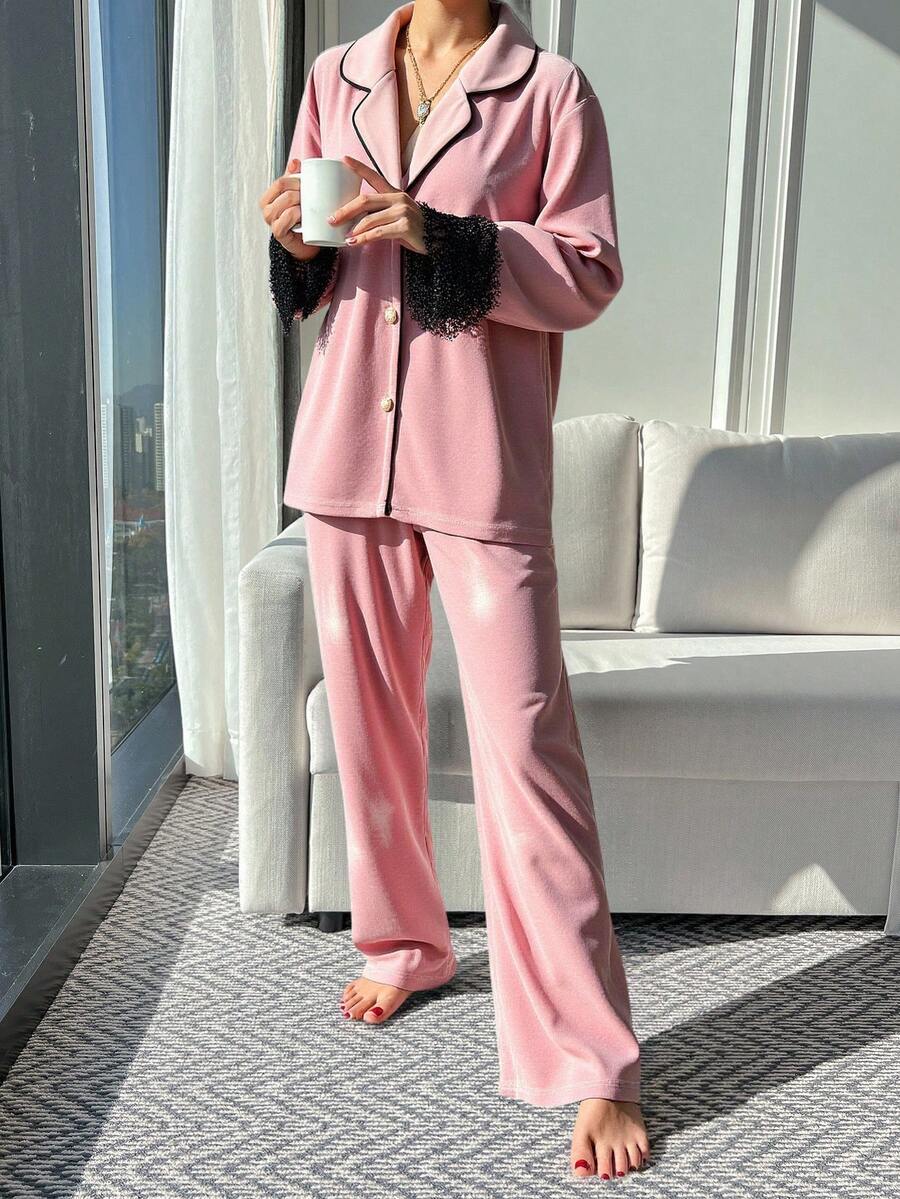 DAZY 2pcs Lace Patchwork Velvet Loose Cardigan & Straight Leg Long Pajama Pants Set, Women Spring Sleepwear - Pink - View 1