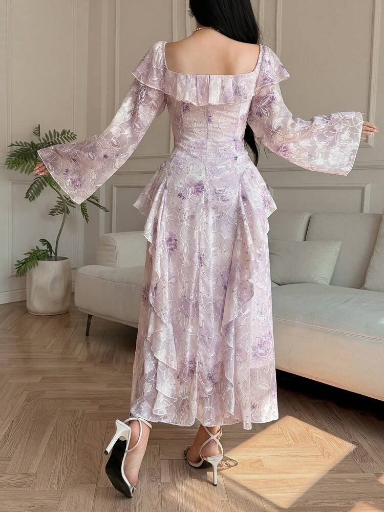 Spring Ruffled Hem Bridesmaid Wedding Guest Elegant Waist Midi Dress For Women Sundress