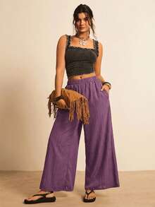 Freevana 加大码白色纹理面料宽松休闲阔腿裤，带口袋，适合海滩度假 - 淺灰紫 - 查看 6