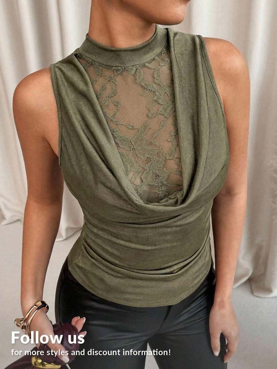 Lavishia Canotta in pizzo con scollo profondo da donna, per primavera/estate - Verde militare - Visualizzare 1