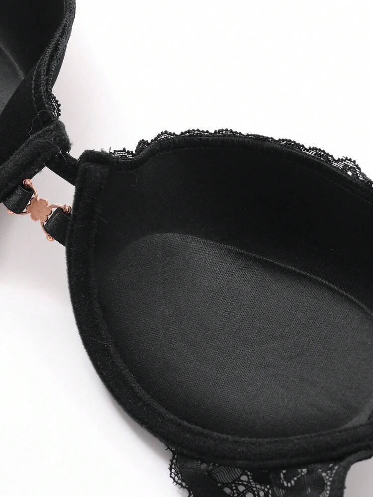 Lace Patchwork Padded Adjustable Strap Bra, Suitable For Summer And Spring