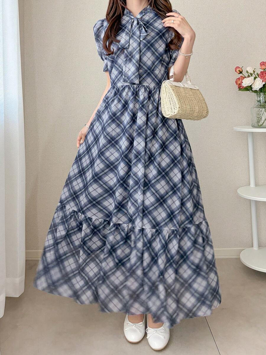 FRIFUL Women's Plaid Flared Loose Casual Dress, Versatile For Spring & Summer - Blue - View 1