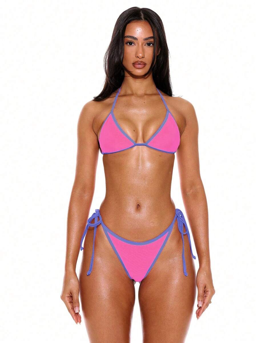 Musera Resort Áo bikini tam giác cổ yếm viền tương phản, chỉ mặc vào mùa hè, xuân, kỳ nghỉ, gợi cảm, phong cách Ibiza, nhạc Techno. - Hồng - Xem 1