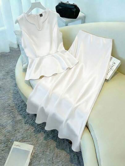 GlowEve Elegant Satin Pearl Decor Blouse And Midi Skirt 2 Pieces Set, Perfect For Dates