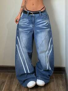 StreetHx Women's Punk Style Casual Street Fashion Versatile Loose Fit Denim Jeans - Medium Wash - View 9